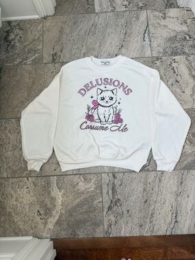 NWT Size xsmall White 'Delusions Consume Me' Cat Graphic Sweatshirt